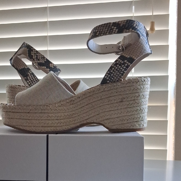 Dolce Vita Cream Espadrille Wedges with Tan Snake Print Strap